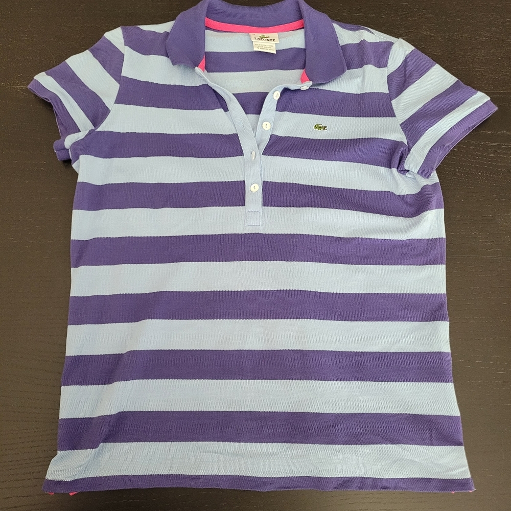 Lacoste Women's Polo Shirt - Purple and Light Blue Stripes, Size 42